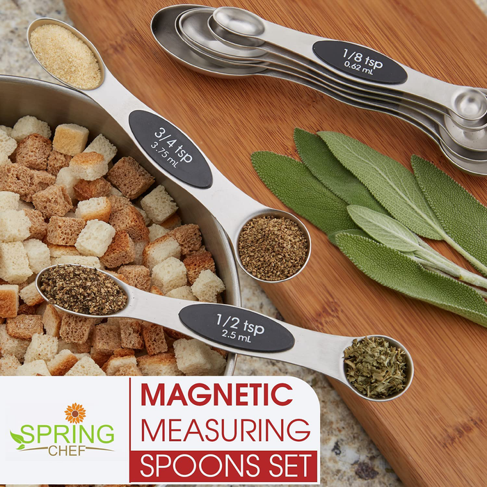 Spring Chef Magnetic Measuring Spoons Set, Dual Sided, Stainless Steel, Fits in Spice Jars, Black, Set of 8
