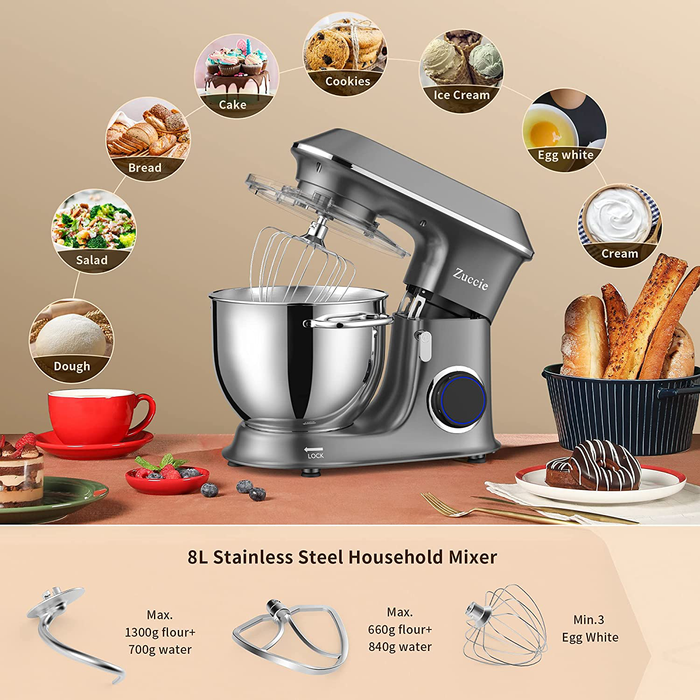 Zuccie Stand Mixer, 8.5QT. 660W 10-Speed Tilt-Head Electric Kitchen Mixer with Dishwasher-Safe Dough Hooks, Flat Beaters, Wire Whip & Pouring Shield Attachments for Most Home Cooks, SM-1552X, Gray