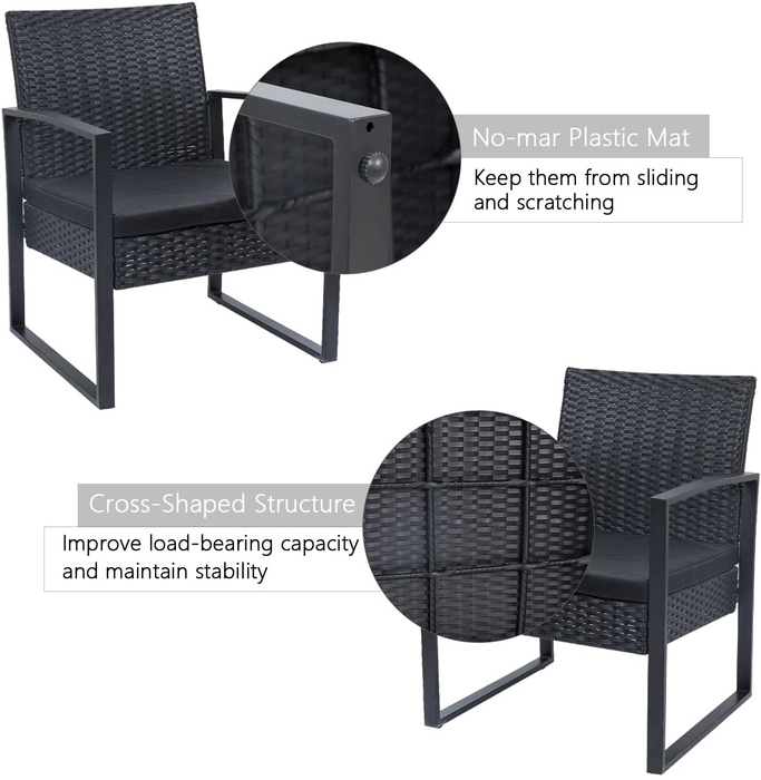 Flamaker 3 Pieces Patio Set Outdoor Wicker Patio Furniture Sets Modern Bistro Set Rattan Chair Conversation Sets with Coffee Table for Yard and Bistro (Black)