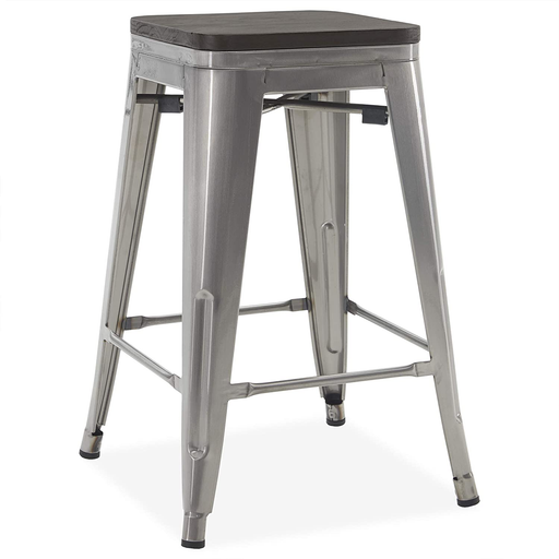 BELLEZE 24 Inch Modern Stackable Metal Bar Stools with Wood Seat, Indoor Outdoor Restaurant Patio Kitchen Dining, Antique Farmhouse Vintage Industrial Steel Metal [Set of 4] - Wyatt (Gunmetal)