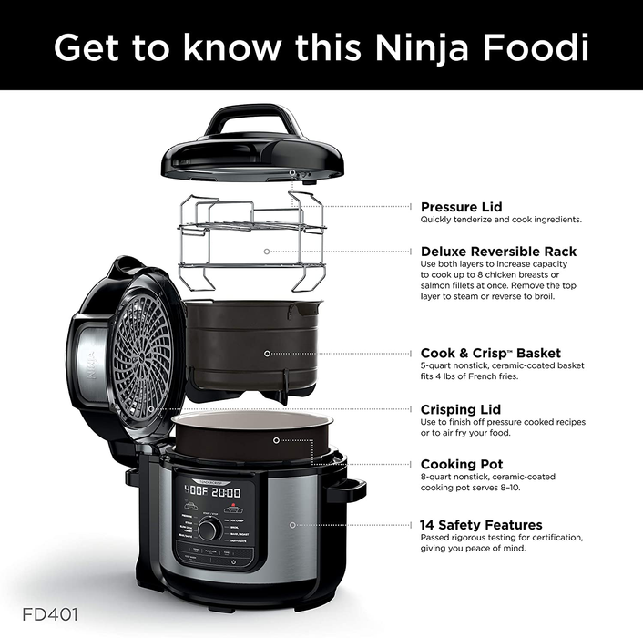 Ninja FD401 Foodi 8-Quart 9-in-1 Deluxe XL Pressure Cooker, Air Fry, Crisp, Steam, Slow Cook, Sear, Saute, Bake, Roast, Broil, Yogurt, Dehydrate, Extra Large Capacity, 45 Recipe Book, Stainless Finish