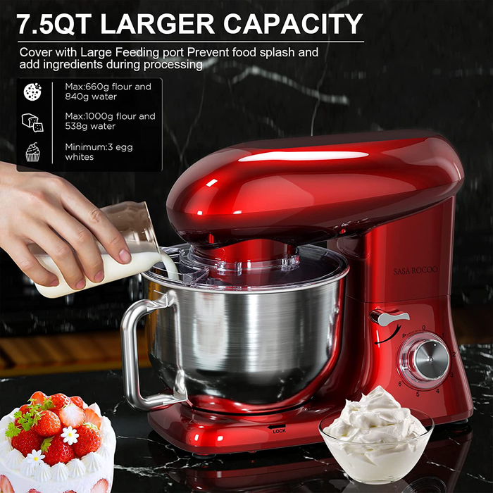 Stand Mixer, 660W 7.5Qt Kitchen Electric Stand Mixer with 6+1 Speeds, Food Mixers with Dishwasher-Safe Dough Hook, Flat Beater, Whisk & Pouring Shield, Red by SASA ROCOO (Red)