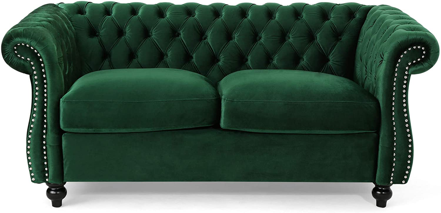 GDFStudio Christopher Knight Home 61 75 X 33 27 Karen Traditional Chesterfield Loveseat Sofa, Emerald and Dark Brown, 61.75 x 33.75 x 27.75