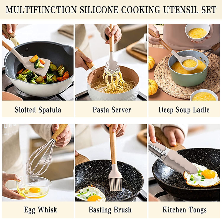 Umite Chef Kitchen Cooking Utensils Set, 33 pcs Non-Stick Silicone Cooking Kitchen Utensils Spatula Set with Holder, Wooden Handle Silicone Kitchen Gadgets Utensil Set (Khaki)