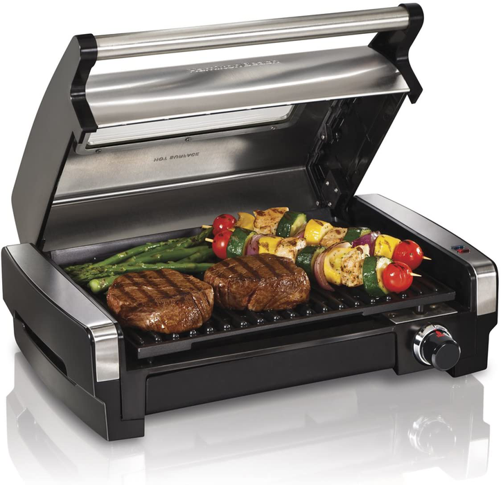 Hamilton Beach Electric Indoor Searing Grill with Viewing Window and Removable Easy-to-Clean Nonstick Plate, 6-Serving, Extra-Large Drip Tray, Stainless Steel (25361)