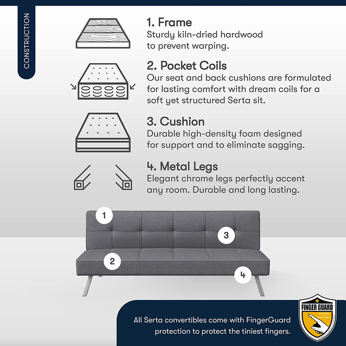 Serta Rane Collection Convertible Sofa, L66.1 x W33.1 x H29.5, Charcoal