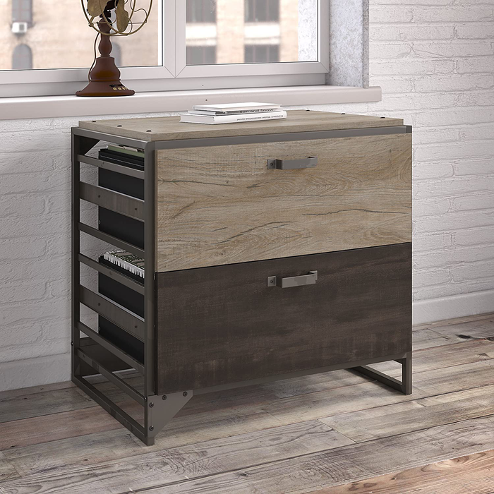 Bush Furniture Refinery Lateral File Cabinet, Rustic Gray/Charred Wood