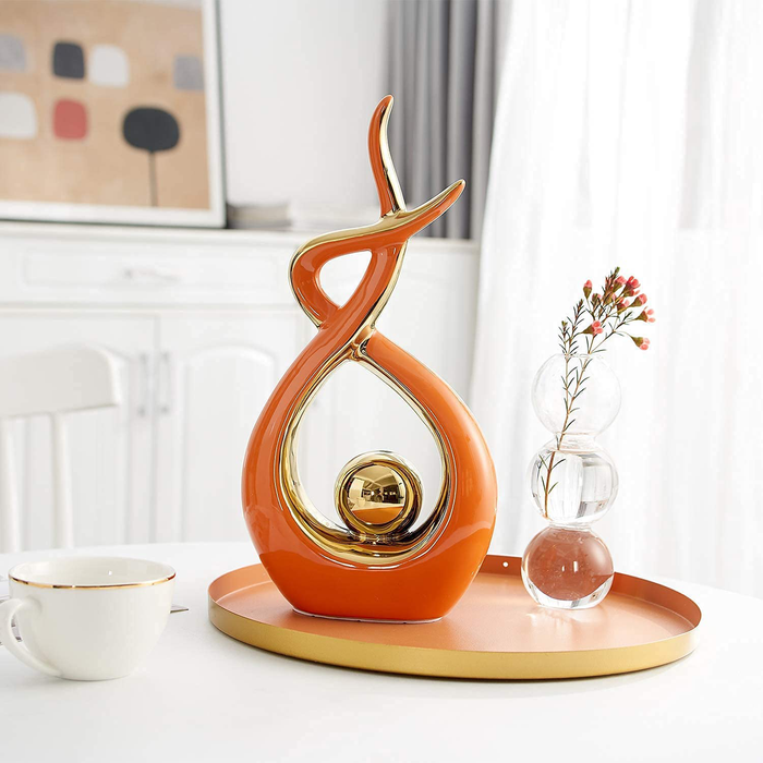 FJS Home Decor Modern Abstract Art Ceramic Statue, Decoration for Living Room, Coffee Table Centerpiece - Great Gift Idea 12.8" High (Orange, Large)