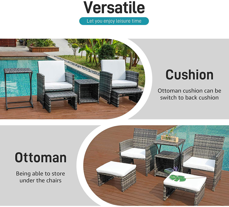 OC Orange-Casual Patio Furniture Conversation Set with Ottoman Grey Wicker Patio Set with Footstools, Balcony Furniture for Apartments