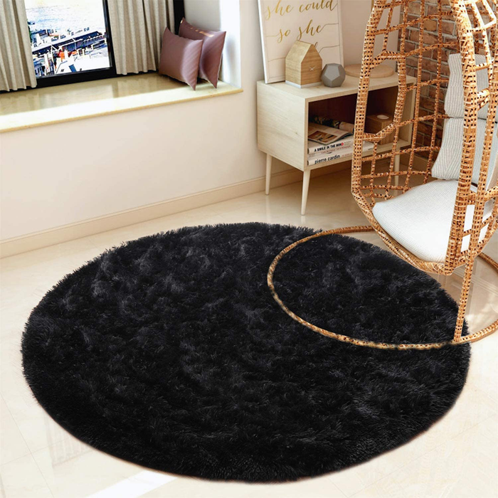 junovo Round Fluffy Soft Area Rugs for Kids Girls Room Princess Castle Plush Shaggy Carpet Cute Circle Nursery Rug for Kids Baby Girls Bedroom Living Room Home Decor Circular Carpet, 4ft Black