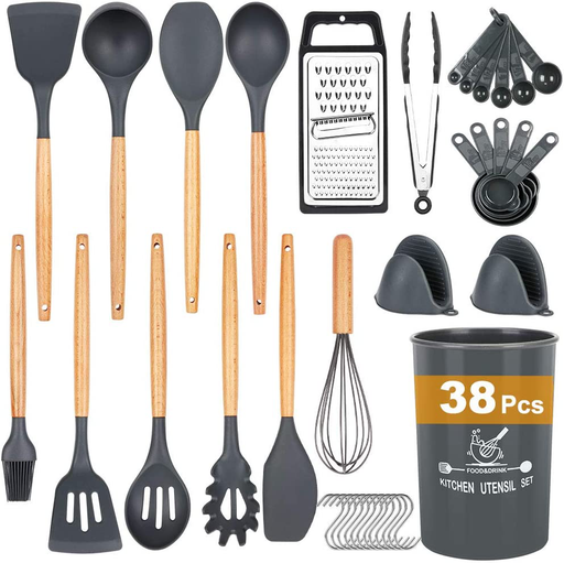 Docgrit Kitchen Utensil Set- 38 PCs Cooking Utensils with Oven Mitts,Tongs, Spoon Spatula &Turner Made of Heat Resistant Food Grade Silicone and Wooden Handle