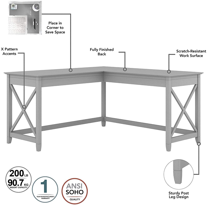 Bush Furniture Key West 60W L Shaped Desk, Cape Cod Gray