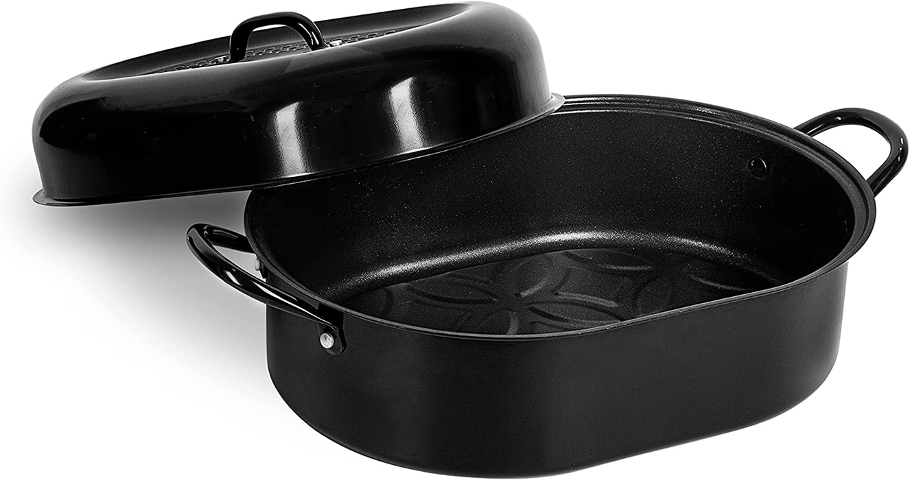 Granite Stone Oval Roaster Pan, Small 16” Ultra Nonstick Roasting Pan with Lid, Grooved Bottom for Basting, Broiler Pan for Oven, Dishwasher Safe, Up to 7lb Poultry / Roast, Serves 1- 5, PFOA Free