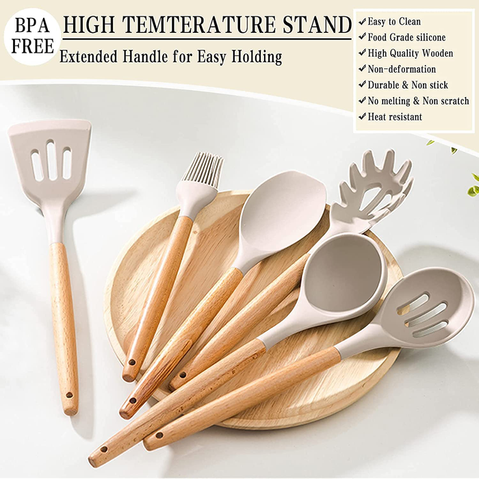 Umite Chef Kitchen Cooking Utensils Set, 33 pcs Non-Stick Silicone Cooking Kitchen Utensils Spatula Set with Holder, Wooden Handle Silicone Kitchen Gadgets Utensil Set (Khaki)