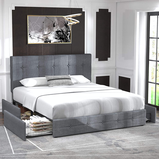 Allewie Queen Platform Bed Frame with 4 Drawers Storage and Headboard, Square Stitched Button Tufted Upholstered Mattress Foundation with Wood Slat Support, No Box Spring Needed, Light Grey