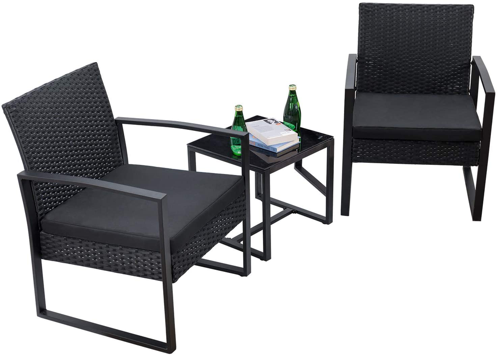 Flamaker 3 Pieces Patio Set Outdoor Wicker Patio Furniture Sets Modern Bistro Set Rattan Chair Conversation Sets with Coffee Table for Yard and Bistro (Black)