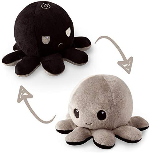 TeeTurtle | The Original Reversible Octopus Plushie | Patented Design | Black + Gray | Happy + Angry | Show your mood without saying a word!