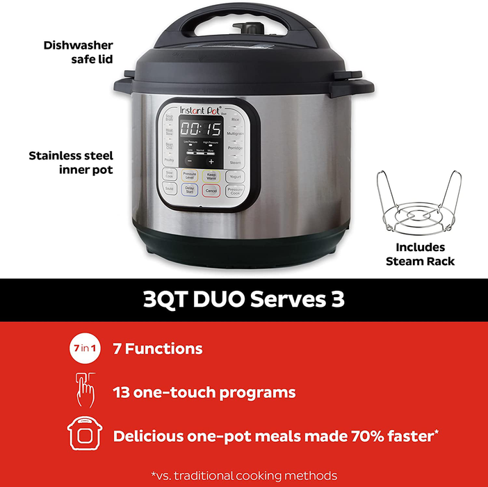 Instant Pot Duo 7-in-1 Electric Pressure Cooker, Slow Cooker, Rice Cooker, Steamer, Sauté, Yogurt Maker, Warmer & Sterilizer, 3 Quart, Stainless Steel/Black