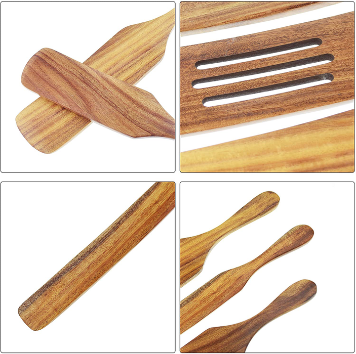 FJNATINH Wooden Spurtles Set, 3 Pcs Natural Teak Kitchen Cooking Utensil Wooden Slotted Spatula for Stirring, Mixing, Serving (3Pcs)