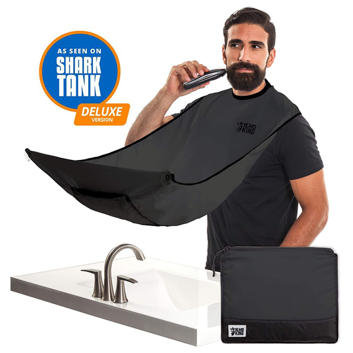 BEARD KING - The Official Beard Bib - Hair Clippings Catcher & Grooming Cape Apron - “As Seen on Shark Tank” - Black (Deluxe Version)