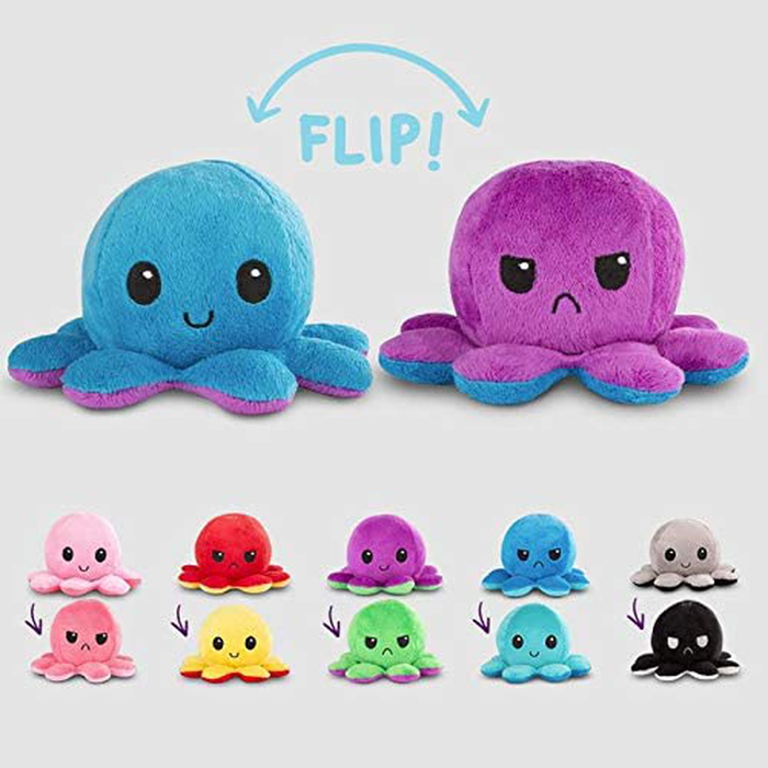 TeeTurtle | The Original Reversible Octopus Plushie | Patented Design | Black + Gray | Happy + Angry | Show your mood without saying a word!