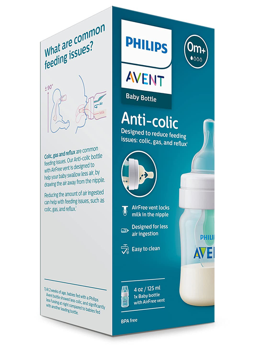 Philips Avent Anti-Colic Baby Bottle with AirFree Vent, 4oz, 1Pk, Clear, SCY701/91