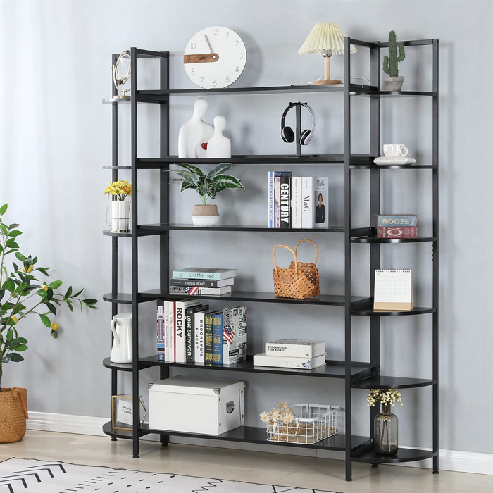 MELLCOM Triple Wide 6-Tier Bookshelf, Industrial Rustic Wood and Metal Bookcase, 6-Shelf Modern Home Decor Standing Metal Frame Book Shelves Furniture for Home & Office, Black