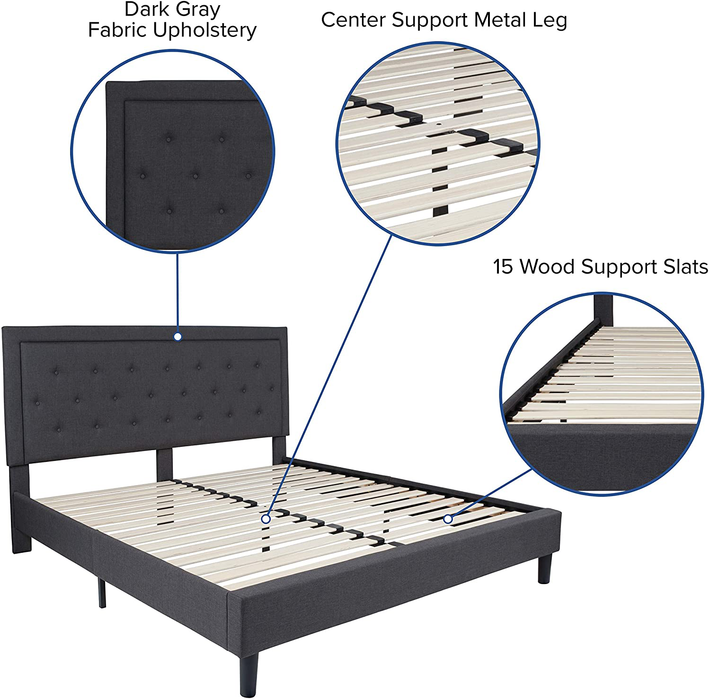 Flash Furniture Roxbury King Size Tufted Upholstered Platform Bed in Dark Gray Fabric