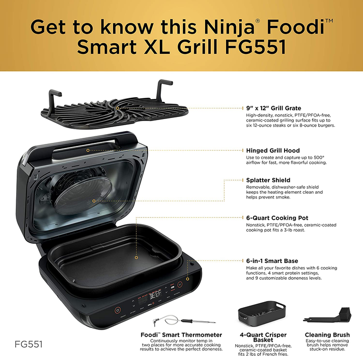 Ninja FG551 Foodi Smart XL 6-in-1 Indoor Grill with 4-Quart Air Fryer Roast Bake Dehydrate Broil and Leave-In Thermometer, with Extra Large Capacity, and a Stainless Steel Finish