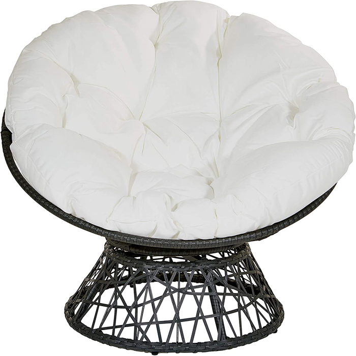 OSP Home Furnishings Wicker Papasan Chair with 360-Degree Swivel, Grey Frame with White Cushion