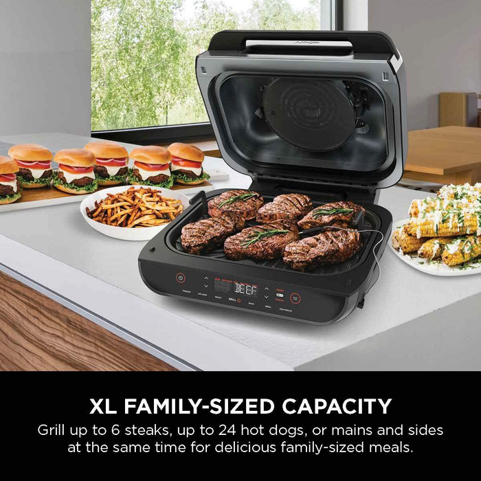 Ninja FG551 Foodi Smart XL 6-in-1 Indoor Grill with 4-Quart Air Fryer Roast Bake Dehydrate Broil and Leave-In Thermometer, with Extra Large Capacity, and a Stainless Steel Finish