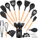 TEMEISI Silicone Cooking Utensils Set, 34 Pcs Wooden Handles Heat Resistant Kitchen Utensils Set, Kitchen Tools Set Include Turner Tongs Spatula Spoon Utensil Holder Kitchen Gadgets (Black Gray)