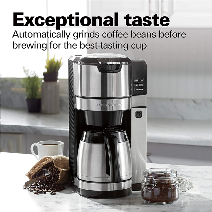 Hamilton Beach Programmable Coffee Maker with Built-in Auto-Rinsing Beans Grinder and Thermal Carafe, 10 Cups, Stainless Steel (45501)