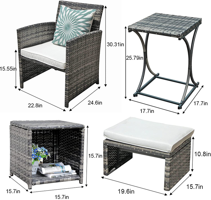 OC Orange-Casual Patio Furniture Conversation Set with Ottoman Grey Wicker Patio Set with Footstools, Balcony Furniture for Apartments