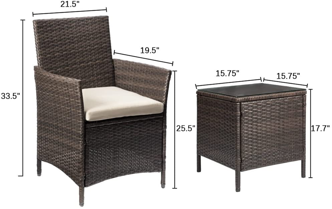 Devoko Patio Porch Furniture Sets 3 Pieces PE Rattan Wicker Chairs with Table Outdoor Garden Furniture Sets (Brown/Beige)