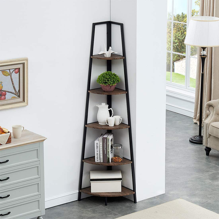 O&K FURNITURE 5-Shelf Corner Etagere Bookcase for Small Space, Industrial Tall Corner Bookshelf, Gray-Brown Finish
