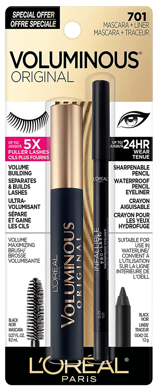 L'Oreal Paris Voluminous Original Volume Building Mascara and Infallible Eyeliner, Builds eye lashes up to 5X natural thickness, Smudge Free, Clump Free, Black, 1 kit