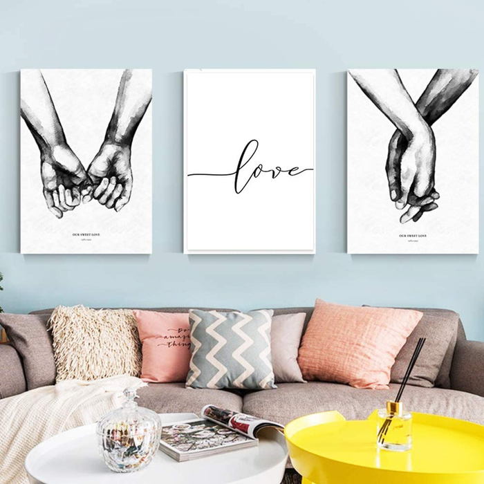 Kiddale Love and Hand in Hand Wall Art Canvas Print Poster,Simple Fashion Black and White Sketch Art Line Drawing Decor for Home Living Room Bedroom Office(Set of 3 Unframed, 16x20 inches)
