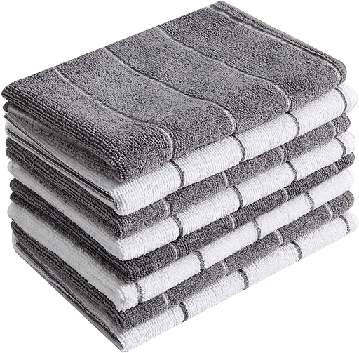 Microfiber Kitchen Towels - Super Absorbent, Soft and Solid Color Dish Towels, 8 Pack (Stripe Designed Grey and White Colors), 26 x 18 Inch