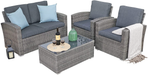 JOIVI Patio Furniture Set, 4 Piece Outdoor Patio Conversation Set, All-Weather PE Rattan Wicker Sectional Patio Sofa Set with Tempered Glass Coffee Table, Dark Gray