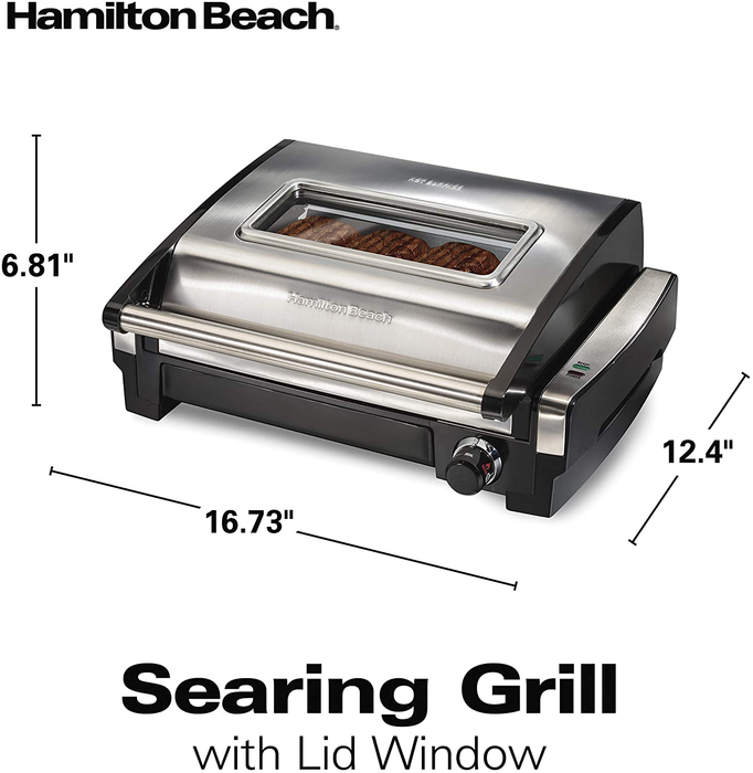 Hamilton Beach Electric Indoor Searing Grill with Viewing Window and Removable Easy-to-Clean Nonstick Plate, 6-Serving, Extra-Large Drip Tray, Stainless Steel (25361)