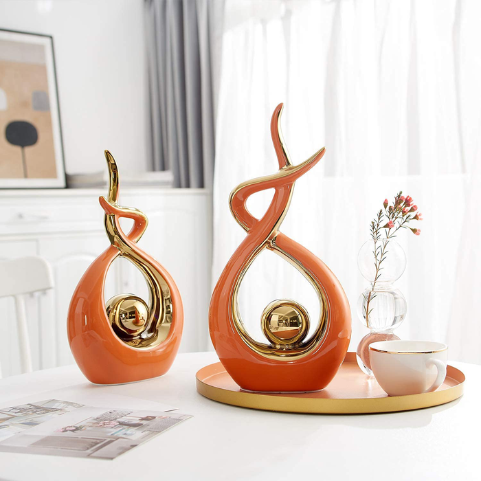FJS Home Decor Modern Abstract Art Ceramic Statue, Decoration for Living Room, Coffee Table Centerpiece - Great Gift Idea 12.8" High (Orange, Large)