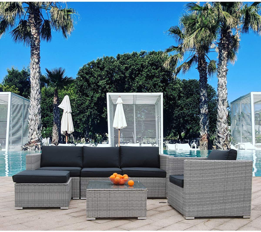 Polar Aurora 6pcs Patio Furniture Set PE Gray Rattan Wicker Sectional Outdoor Sofa Set Outside Couch w/Black Washable Seat Cushions & Modern Glass Coffee Table