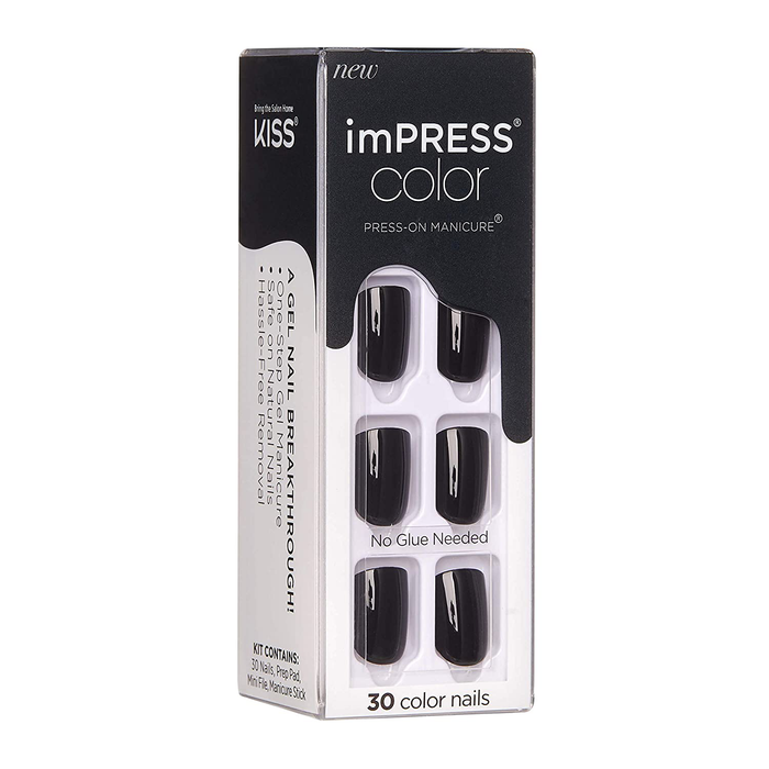 KISS imPRESS Color Press-On Manicure, Gel Nail Kit, PureFit Technology, Short Length, “All Black”, Polish-Free Solid Color Mani, Includes Prep Pad, Mini File, Cuticle Stick, and 30 Fake Nails