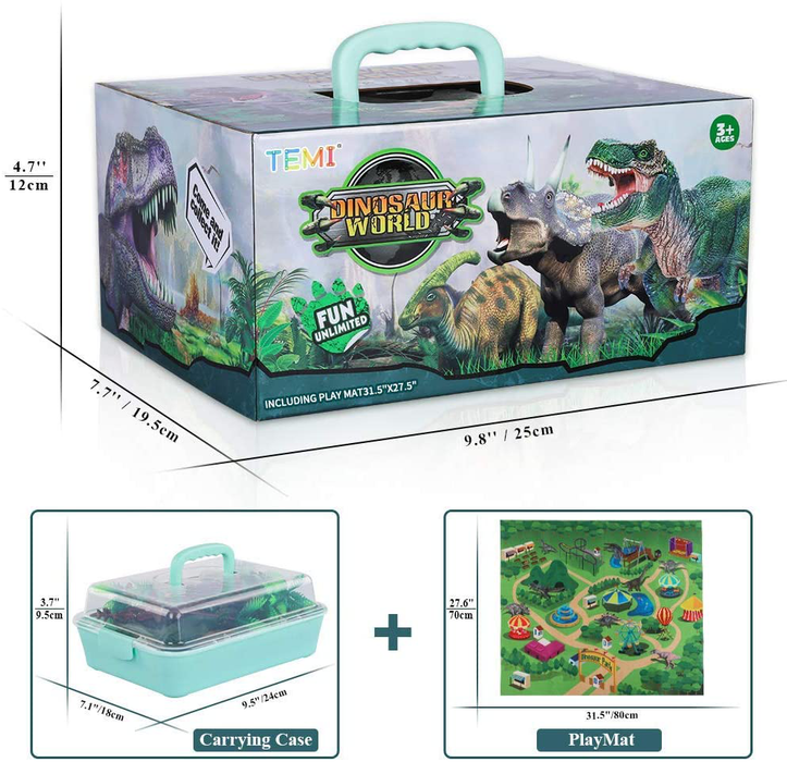 TEMI Dinosaur Toy Figure w/ Activity Play Mat & Trees, Educational Realistic Dinosaur Playset to Create a Dino World Including T-Rex, Triceratops, Velociraptor, Perfect Gifts for Kids, Boys & Girls