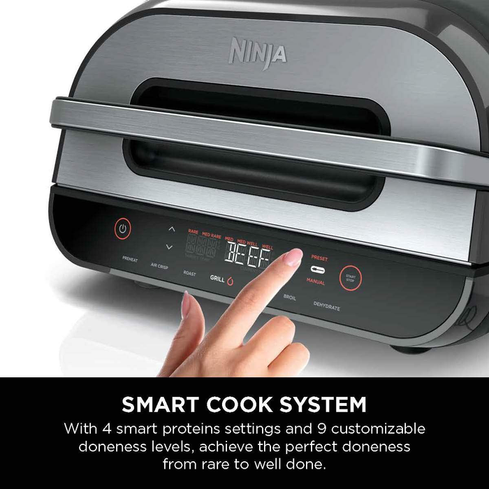 Ninja FG551 Foodi Smart XL 6-in-1 Indoor Grill with 4-Quart Air Fryer Roast Bake Dehydrate Broil and Leave-In Thermometer, with Extra Large Capacity, and a Stainless Steel Finish