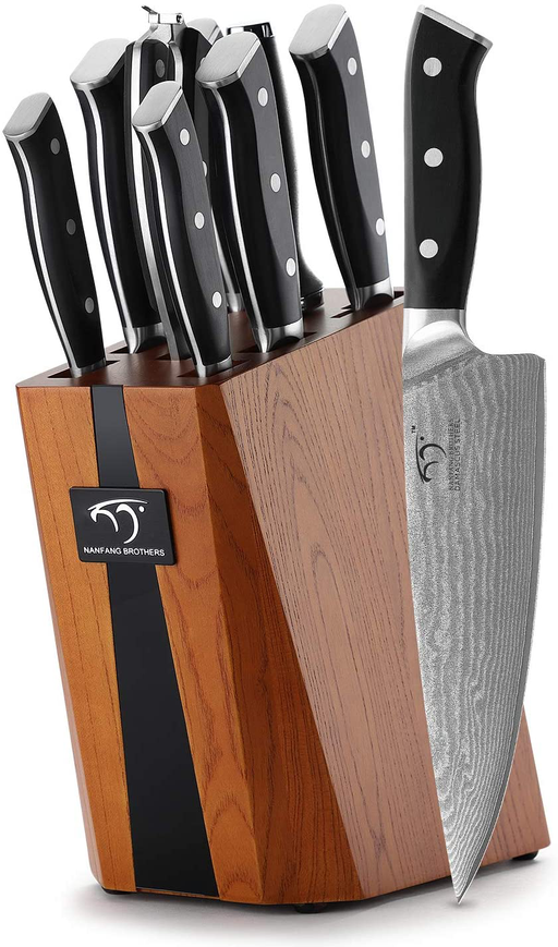 Kitchen Damascus Knife Set, YanXuan Series 9-Piece Kitchen Knife Set with Block, Non-slip ABS Ergonomic Triple Rivet Handle for Chef Knives, Knife Sharpener and Kitchen Shears, Natural Wooden Block