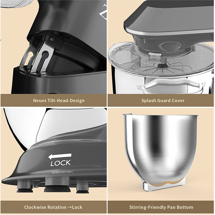 Zuccie Stand Mixer, 8.5QT. 660W 10-Speed Tilt-Head Electric Kitchen Mixer with Dishwasher-Safe Dough Hooks, Flat Beaters, Wire Whip & Pouring Shield Attachments for Most Home Cooks, SM-1552X, Gray