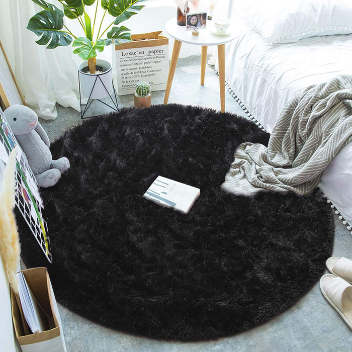 junovo Round Fluffy Soft Area Rugs for Kids Girls Room Princess Castle Plush Shaggy Carpet Cute Circle Nursery Rug for Kids Baby Girls Bedroom Living Room Home Decor Circular Carpet, 4ft Black