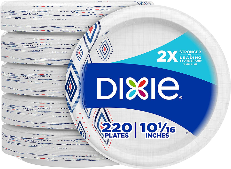 Dixie Paper Plates, 10 1/16 inch, Dinner Size Printed Disposable Plate, 220 count (5 packs of 44 Plates), Packaging and Design May Vary